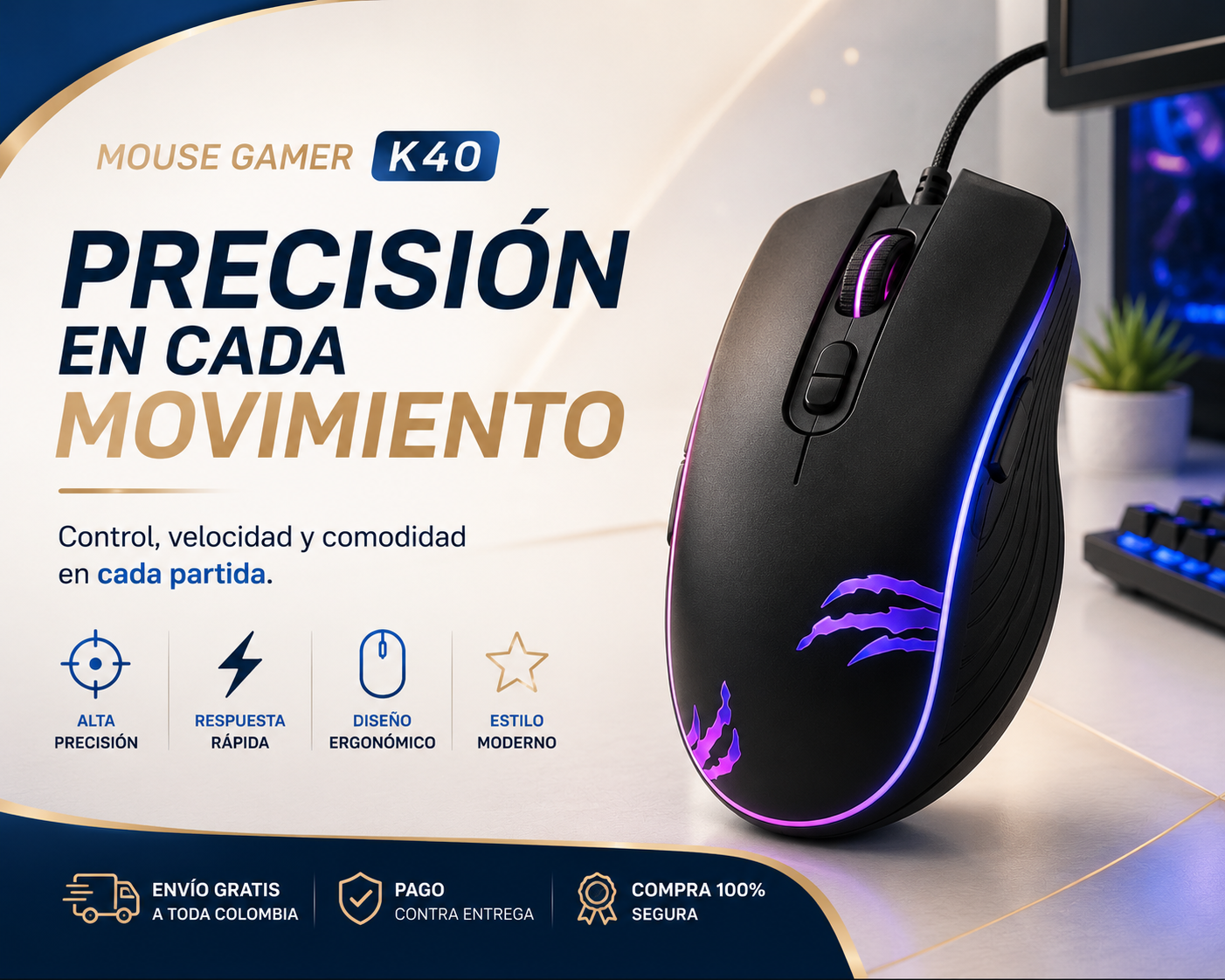 Mouse Gamer K40 – Precisión, Control y Comodidad