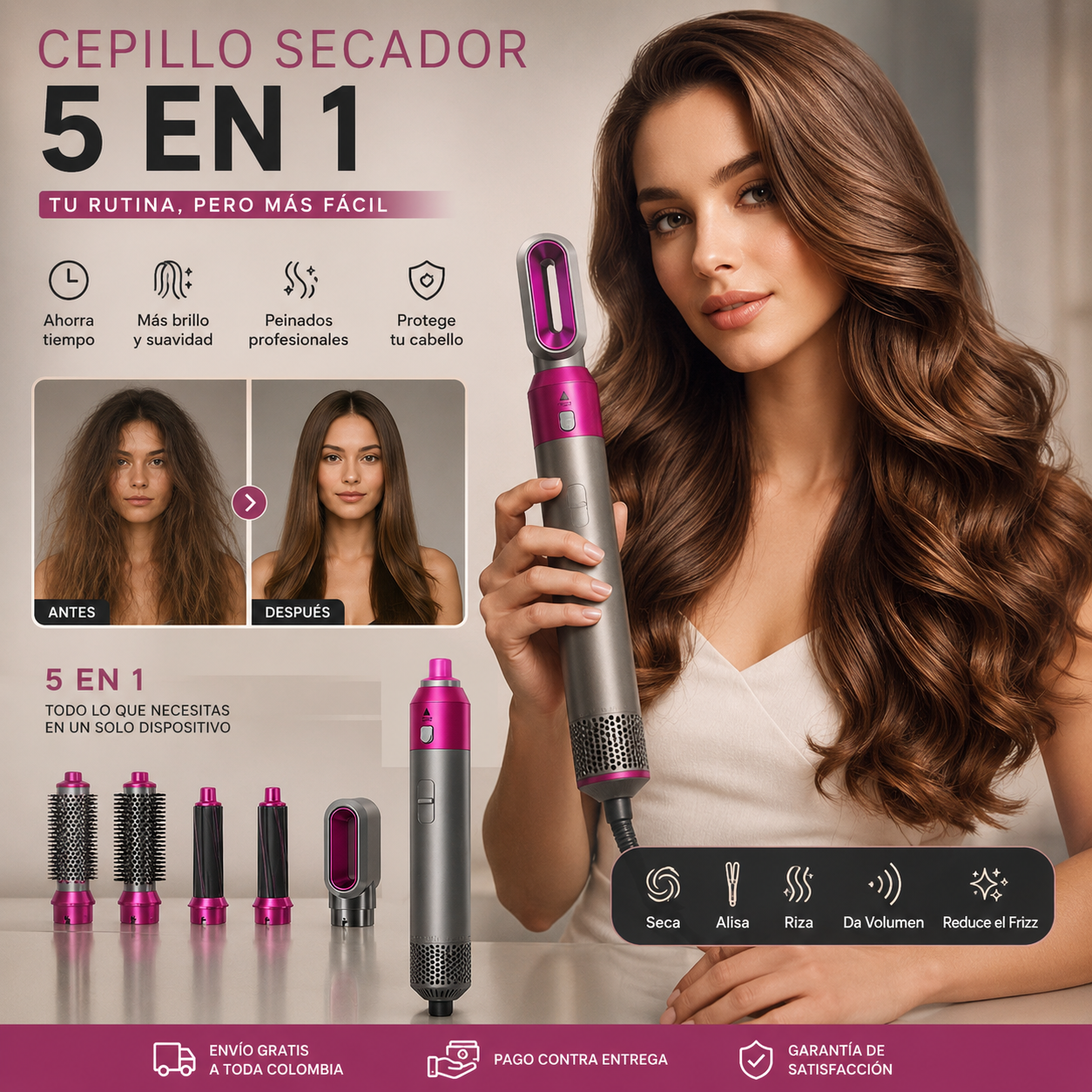 Cepillo Secador 5 en 1 | Peinados de Salón en Casa