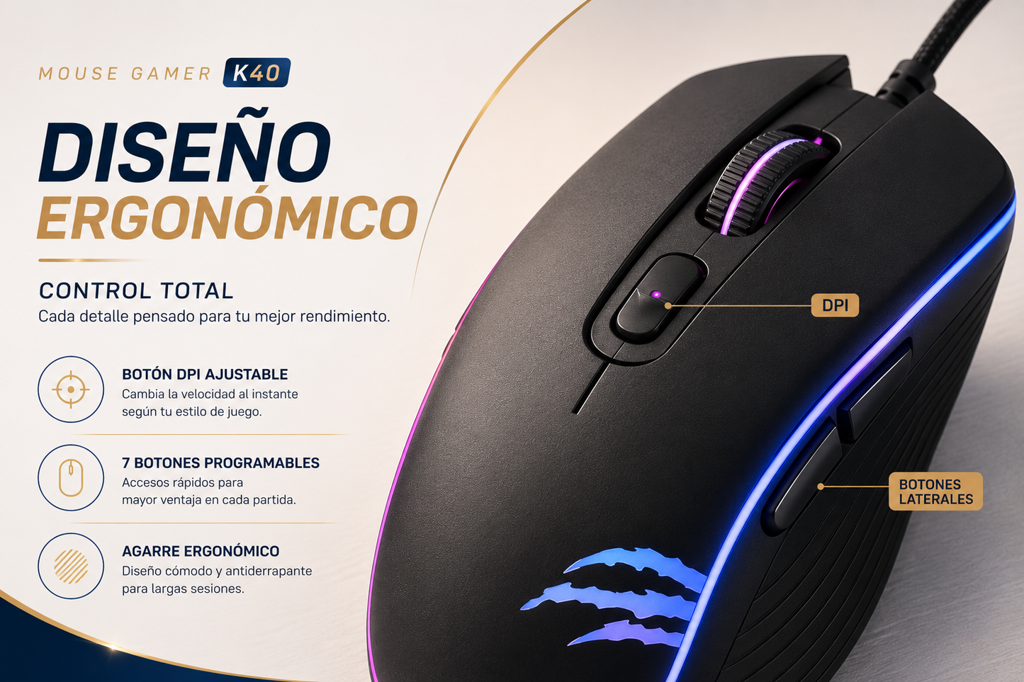 Mouse Gamer K40 – Precisión, Control y Comodidad