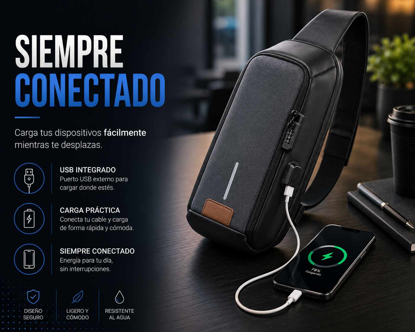Bolso Bandolera Antirrobo con USB